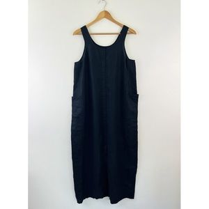 100% Linen Black Maxi Length Lagenlook Sleeveless Dress With Front Pockets/Slit